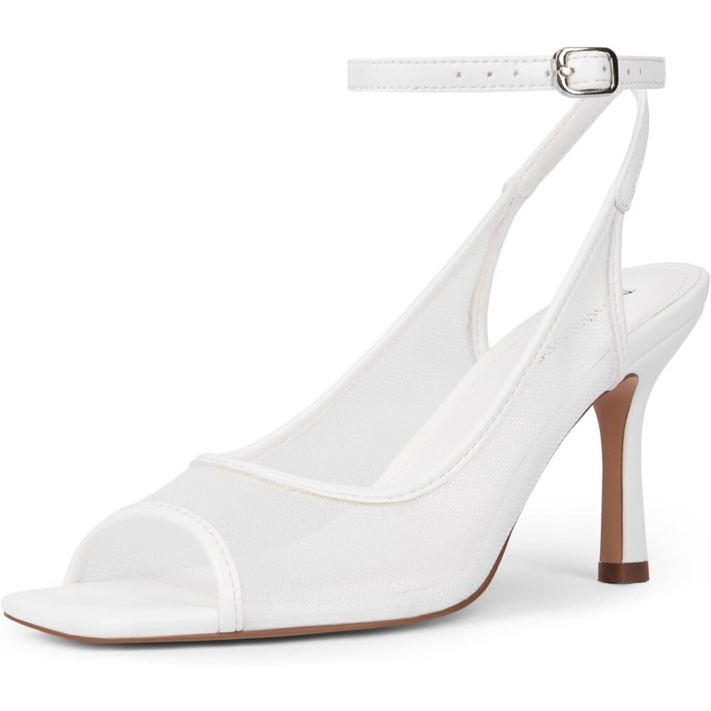 Women's White Mesh Square Open Toe High Heels Ankle Strap Heeled Sandals